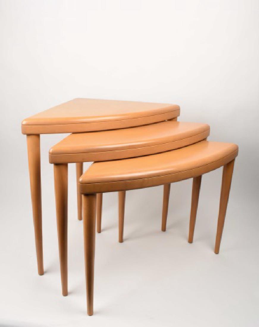 Heywood Wakefield Nesting Corner Tables: Heywood Wakefield nesting corner tables, not signed. Mid-Century modern furniture. 16" x 27". Heights: 19.5", 22", 24". Contact our recommended 3rd party "for profit" shipper Pak Mail at (260) 637-480