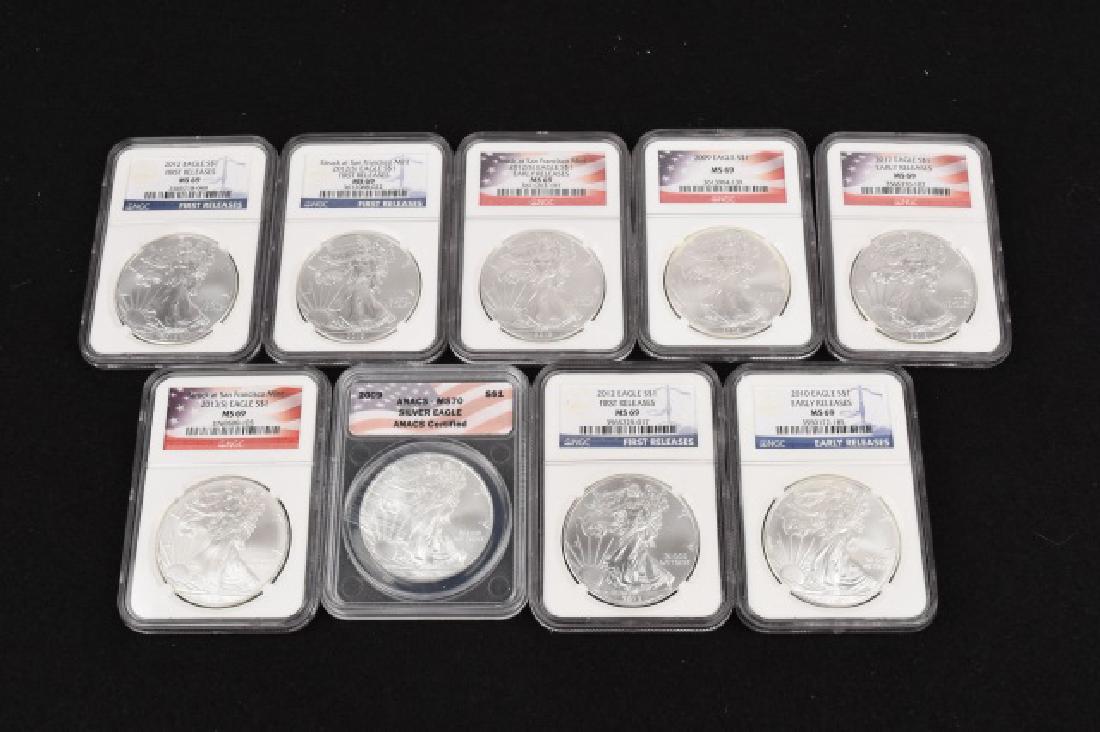 (9) American Eagle Silver Dollar Graded Proofs: (9) American Eagle Silver Dollar Graded Proofs. Dates: 2009 MS 70, 2009 MS 69, 2010 MS 69, (2) 2012 First Release MS 69, (1) 2012 Early Release MS 69, 2012 Early Release MS 69, 2012 S First Release MS