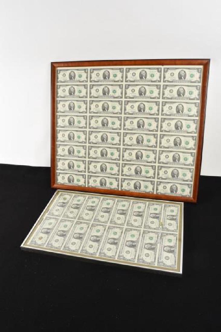 (32) Uncut $2 Bills & (16) Uncut $1 Bills: (32) Uncut two dollar bills. (16) Uncut one dollar bills. Large frame measures 26.5" x 23". Small frame measures 22.5" x 13.5". Contact our recommended 3rd party "for profit" shipper Pak Mail at (260)