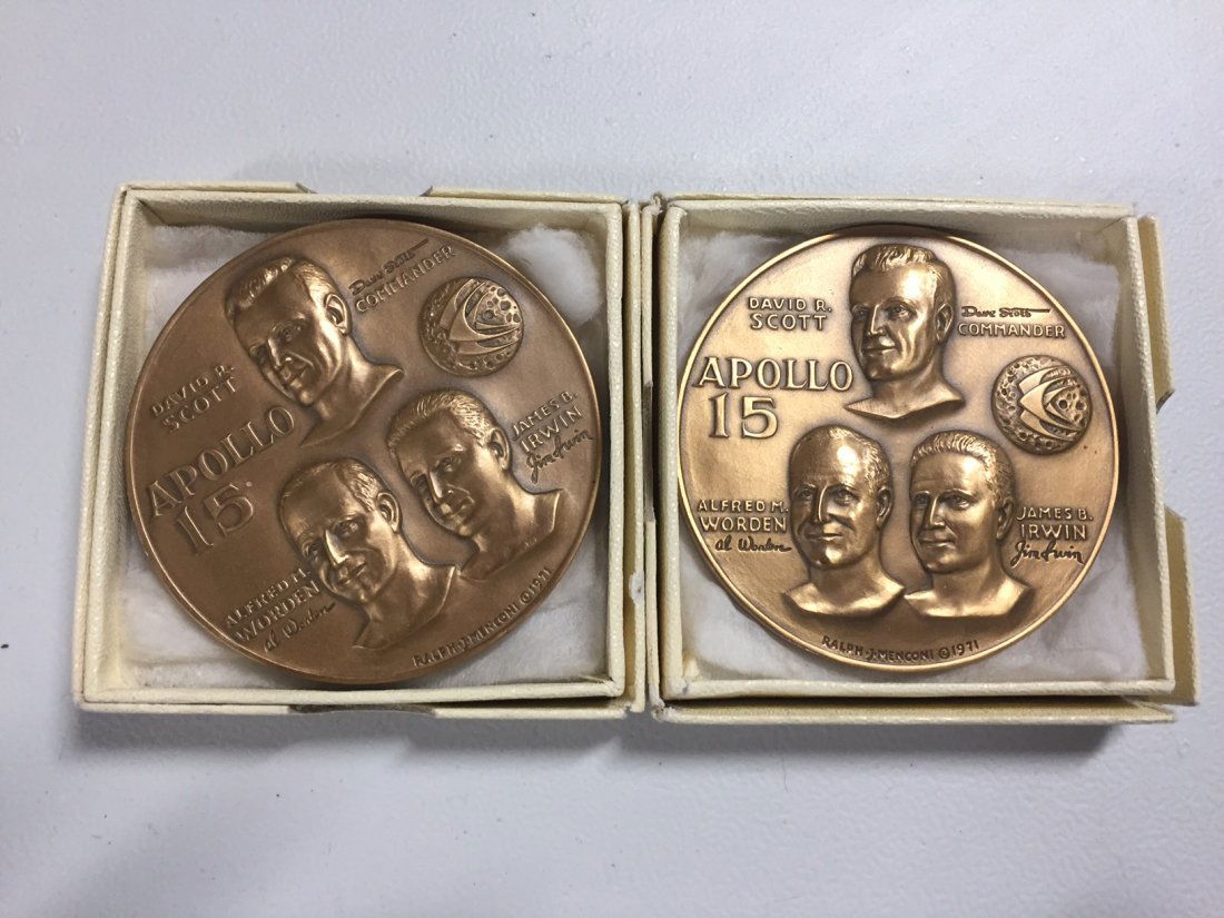 (2) 1971 Apollo 15 Medallic Art Co. Medallions: (2) 1971 Apollo 15 Medallions/ Medals. Medallic Art Co. bronze medal. Obverse: Apollo 15, David R. Scott, Alfred Worden, James B. Irvin. Reverse: Lunar Rover vehicle, Hadley Apennine, July 26-August 7
