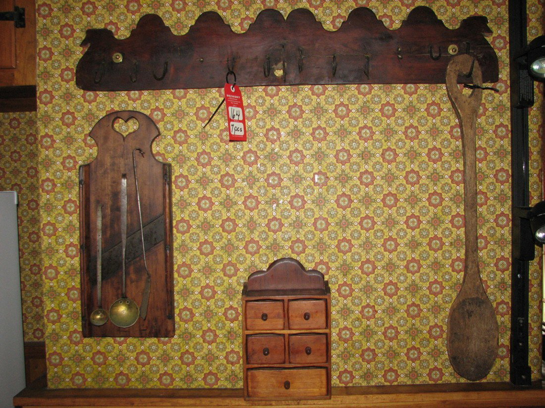 Kitchen Primitives: Includes early primitive pine board w/hand-forged hooks; oversized carved wooden spoon; 5-drawer kitchen cabinet (10" H); & other primitive accessories