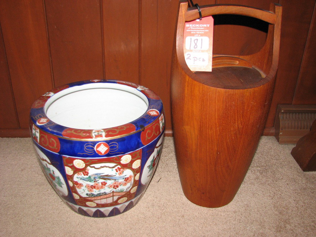 Quality Items: Dansk Designs wooden champagne bucket w/lid and liner; modern Imari red/blue/white jardiniere with alternating bird and floral side panels, 10" H, marked on bottom "Godimari/Hand painted"
