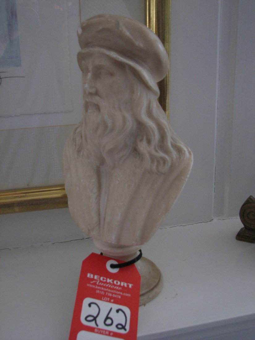 Leonardo DaVinci Bust: Alabaster bust of Leonardo DaVinci on circular polished socle, 11 1/2" h, faint pencil mkgs on back, no apparent signature, chipping to hat & nose