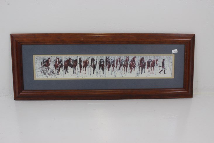 Bev Doolittle's "Two Indian Horses": frame measures approx 9.5" x 26"" print, not hand signed, not numbered , painted well into Bev's career. In her words, "is a deliberate study in camouflage by misdirection. Distinctively double-matted