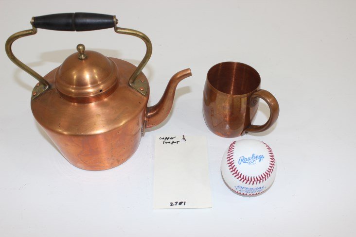 Copper tea kettle and cup: tea kettle measures 8.5" tall x 8" wide, cup measures 3.5" x 3"