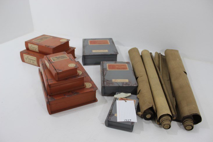 Lot of 8 Decorative Boxes and 3 Scrolls: largest 12" x 9"small approx 7 1/2" x 4 1/2"3 oriental scrolls damaged approx 12"