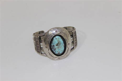 Native American Old Pawn Cuff Bracelet round: sterling silver, beautiful large turquoise inset_x000D_, SIGNED BY THE ARTIST_x000D_, cuff approx 2 1/2" across_x000D_, turquoise approx 1 5/8"_x000D_, 70.8 grams