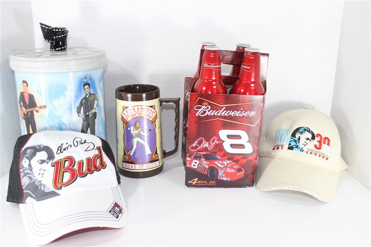 4 Pack Dale Earnhardt Jr/2 Hats/Cookie Jar: misc lot of elvis items approx cookie jar size 9" x 7"