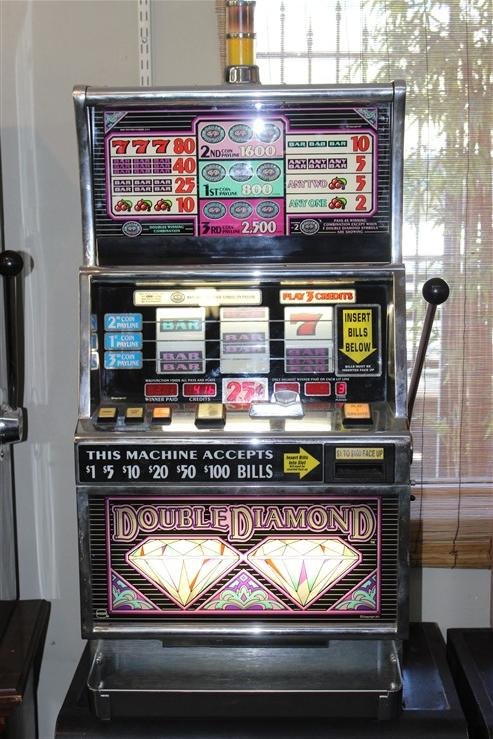 Double Diamond Slot Machine With Stand: machine is approx 46" high, stand is approx 22" works well