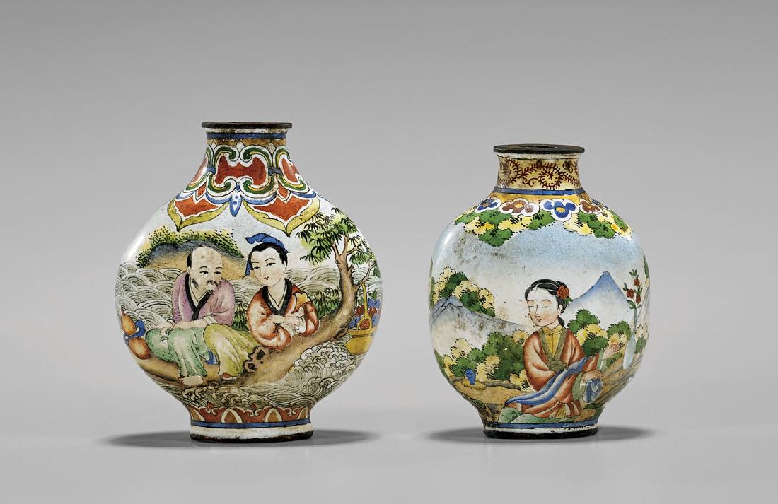 TWO ENAMEL ON COPPER SNUFF BOTTLES (1 of 3)