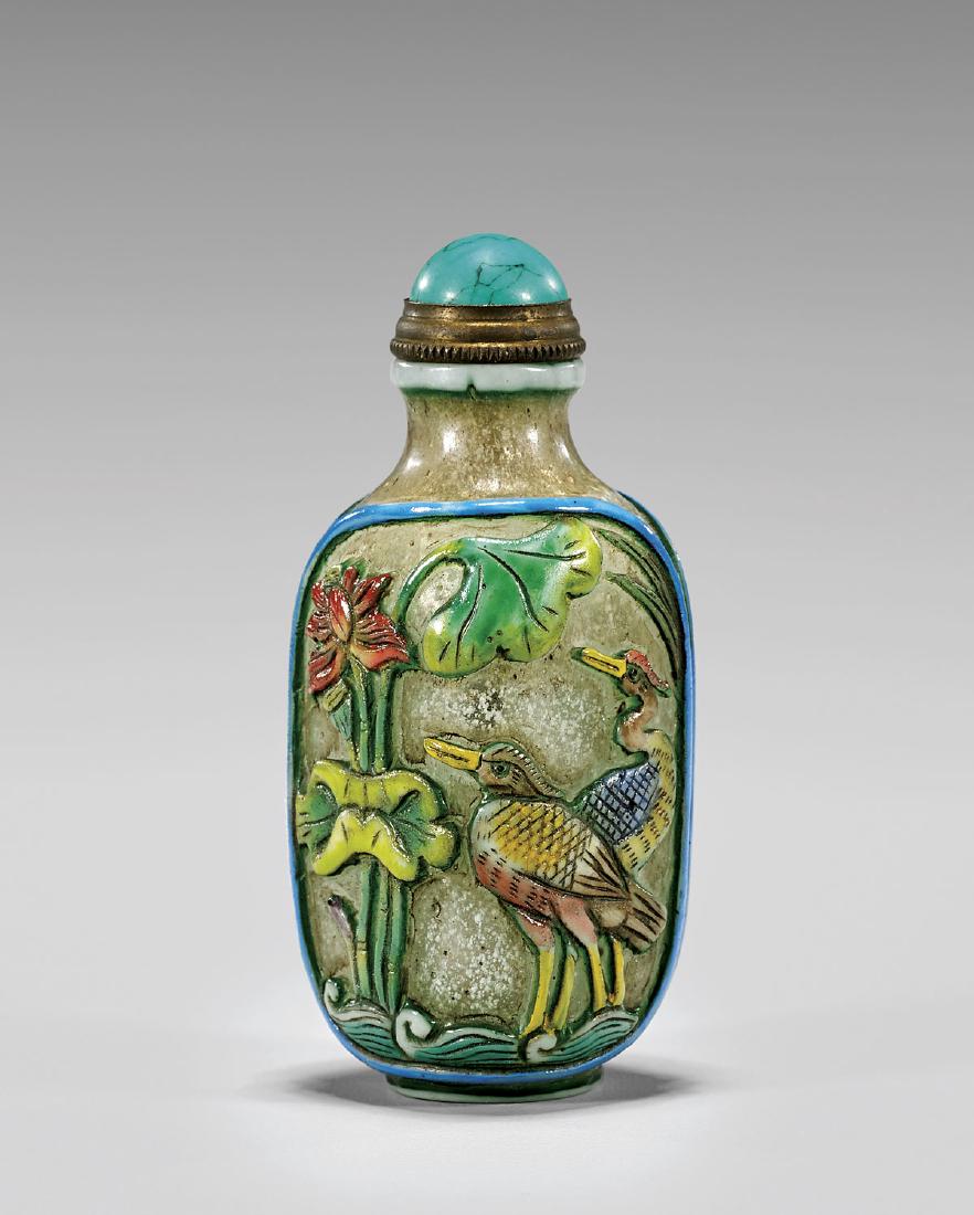 ENAMELED GLASS SNUFF BOTTLE: Cranes & Deer (1 of 3)