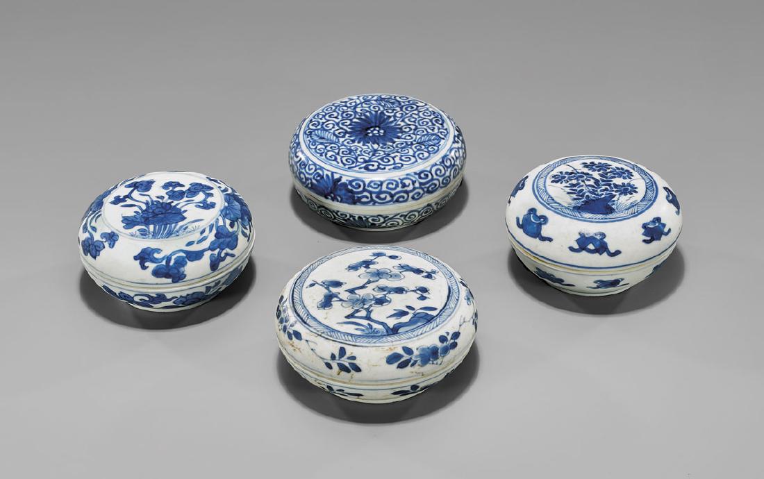 FOUR ANTIQUE BLUE & WHITE SHIPWRECK PORCELAIN BOXES (1 of 2)