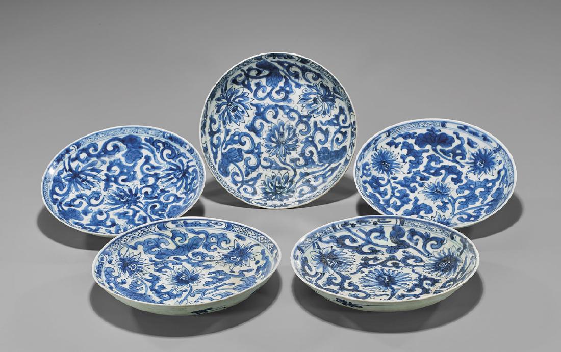 FIVE ANTIQUE BLUE & WHITE SHIPWRECK PORCELAIN DISHES (1 of 2)