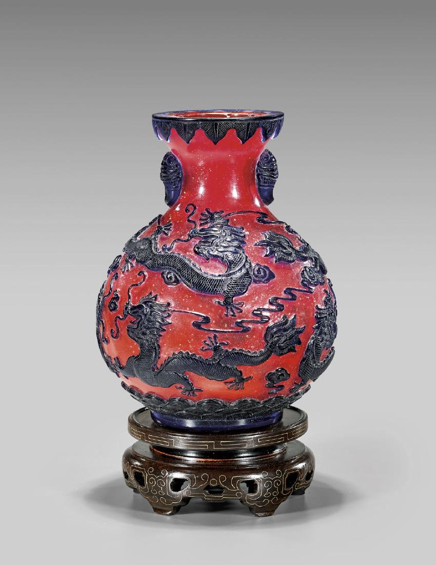 BLUE ON RED OVERLAY GLASS VASE (1 of 3)