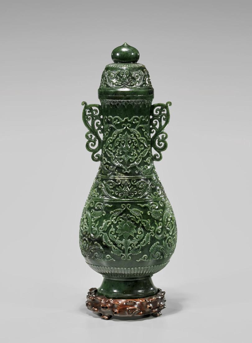 TALL MUGHAL-STYLE SPINACH JADE COVERED VASE (1 of 2)