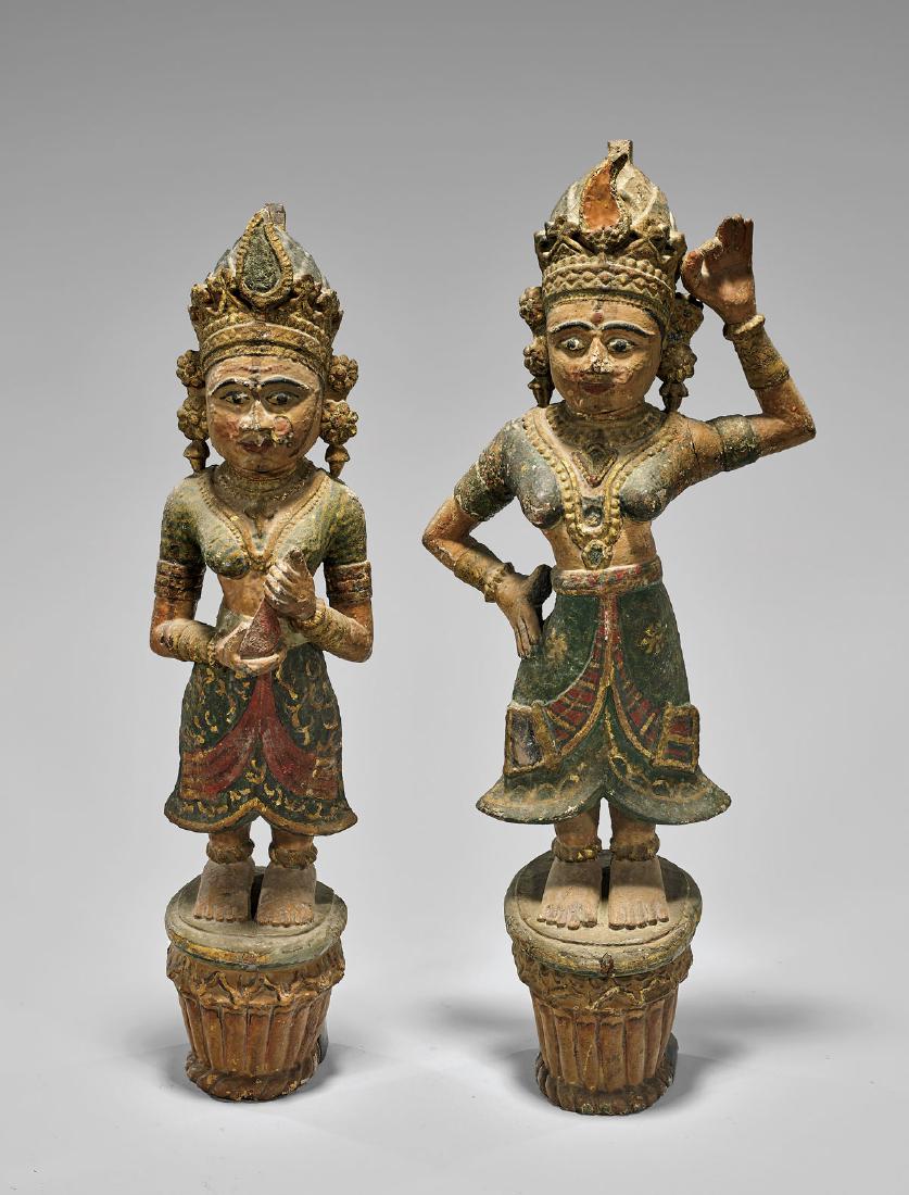 PAIR ANTIQUE INDIAN CARVED & PAINTED APSARAS (1 of 2)