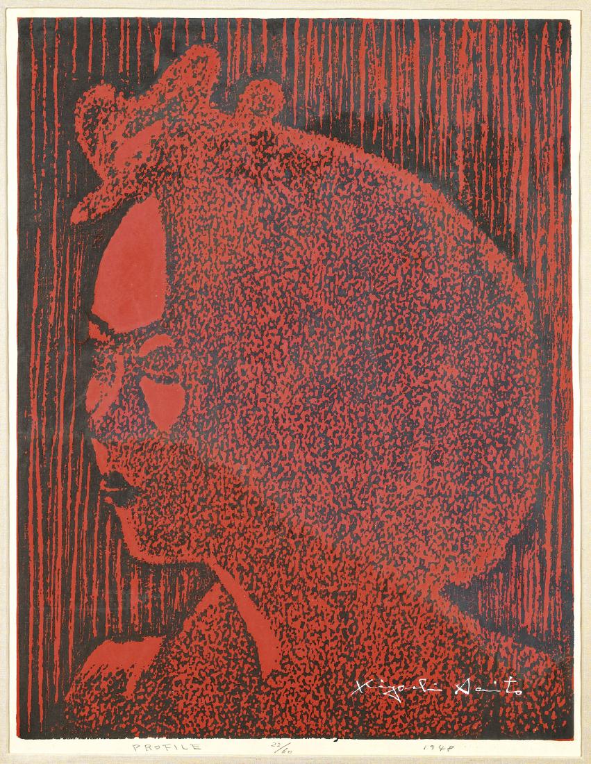 WOODBLOCK PRINT BY KIYOSHI SAITO: Red Profile: Japanese sosaku-hanga woodblock print by Kiyoshi Saito (1907-1997); entitled Profile , depicting profile of a woman with stylized head-wrap, rendered in red and black against a bark-like patte