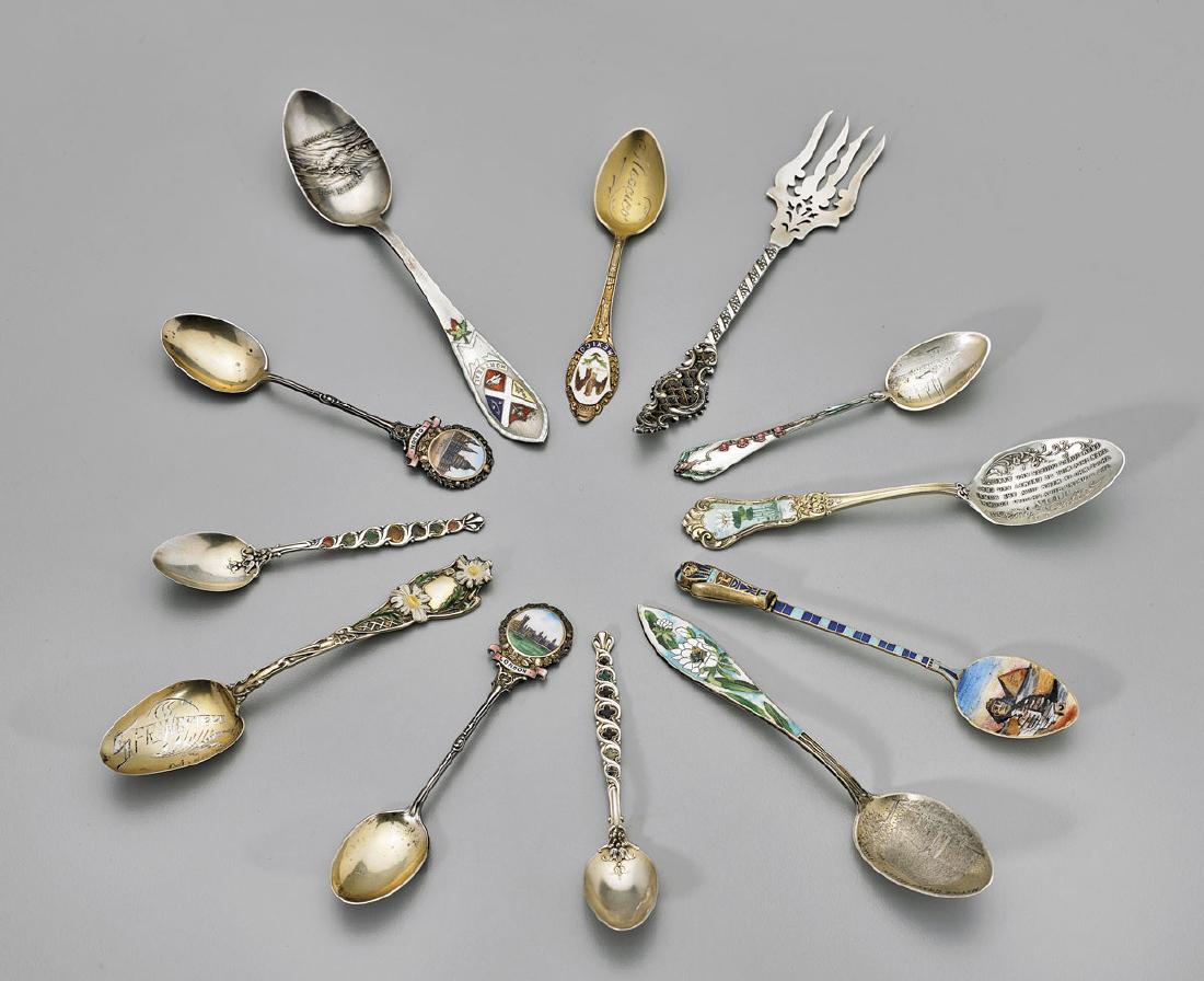 ENAMELED SILVER SOUVENIR SPOONS & FORK (1 of 3)
