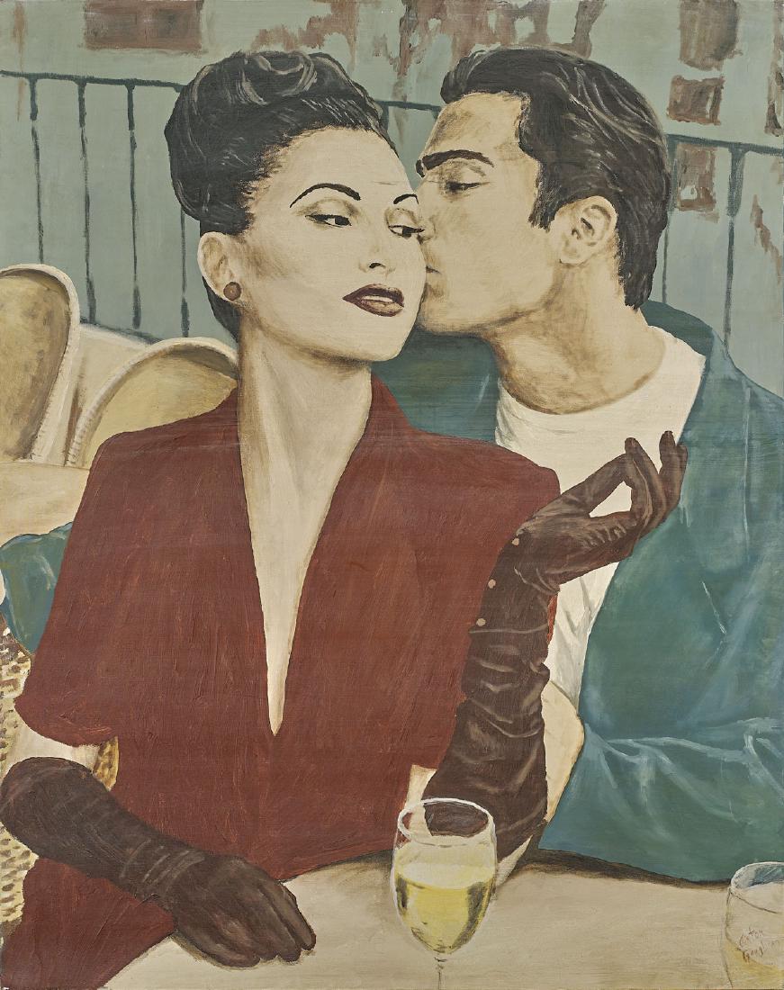 LARGE PAINTING BY CLINTON GAUGHRAN: Large oil on canvas painting by Clinton Gaughran (Los Angeles-based artist); depicting a vintage-style rendering of a couple seated at a cafe, the upscale woman with gloved hand; in muted tone