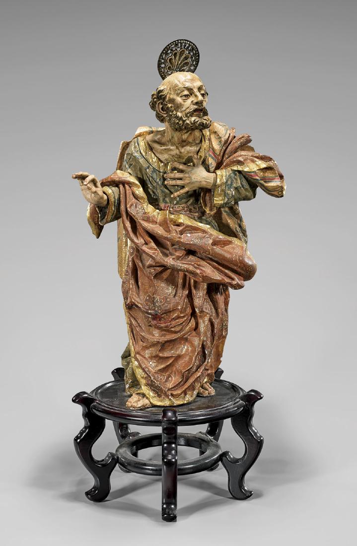 ANTIQUE SPANISH BAROQUE POLYCHROMED WOOD FIGURE (1 of 3)