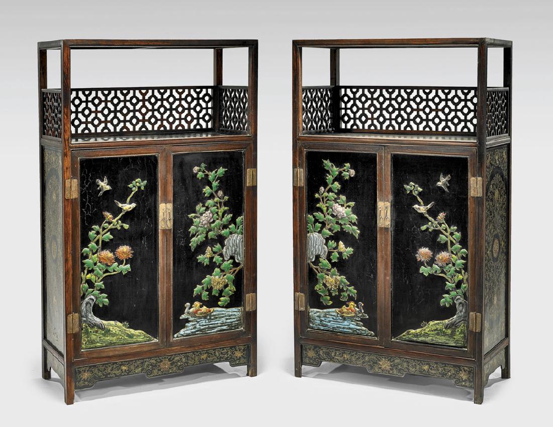 PAIR CLOISONNÉ INSET HARDWOOD CABINETS (1 of 1)