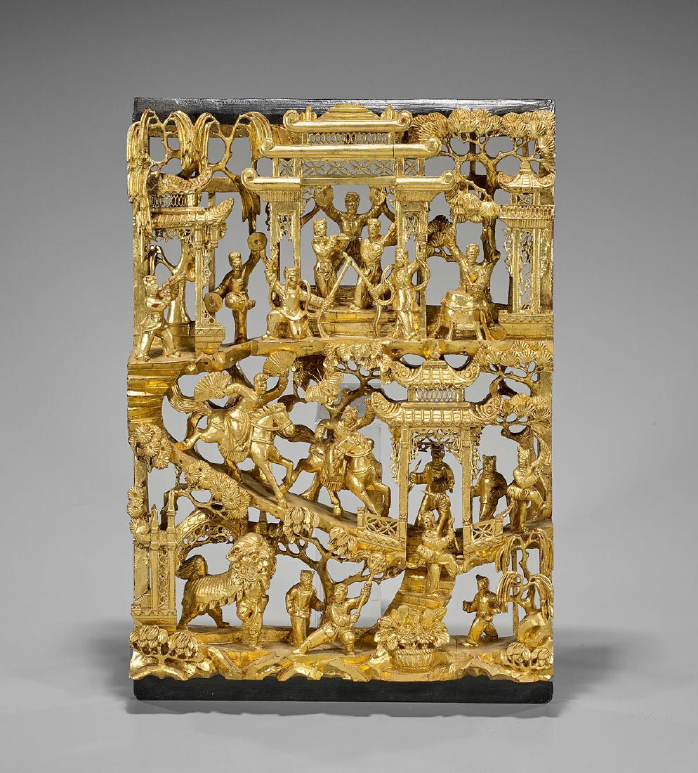 Elaborate Chinese Gilt Wood Panel: Chinese carved and gilt wood panel; with dynamic scene of figures set within a tiered temple; Provenance: Collection of Gerald & Christina Sugarman; H: 17"