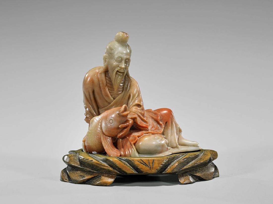 Chinese Soapstone Figure: Lohan & Fish (1 of 1)