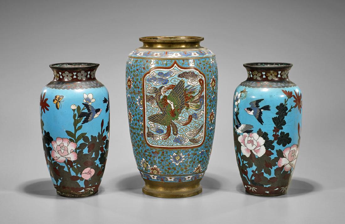 Three Antique Japanese Cloisonne & Champleve Vases (1 of 1)