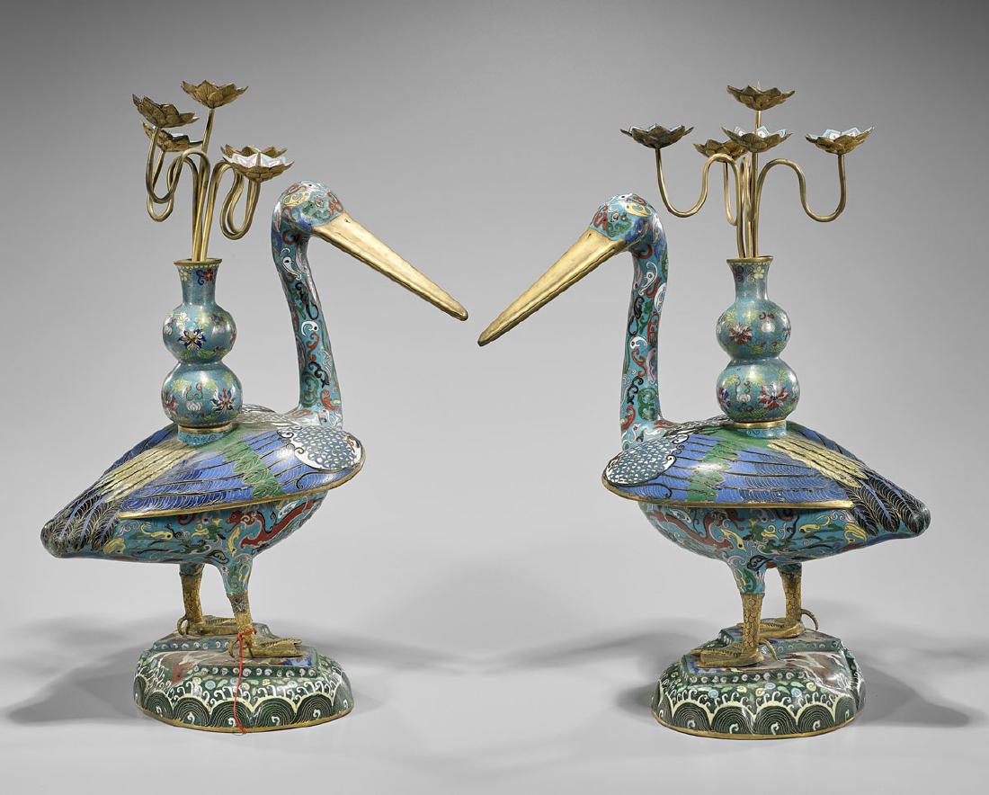 Pair Tall Cloisonne Enamel Bird Candelabras (1 of 2)