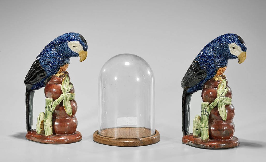 Group of Three Pieces: Ceramic Parrots & Display Case (1 of 1)