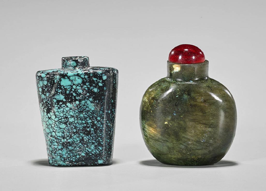 Two Snuff Bottles: Turquoise & Labradorite: Two Chinese snuff bottles: labradorite, of rounded form with iridescent inclusions, red composite stopper; together with turquoise, of angular form and fine patterned coloration; H: 2 1/8" (ta
