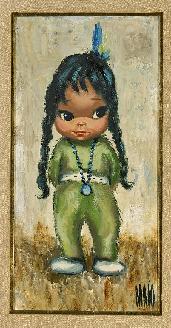 Group of Four 'Big Eyes'-Style Oil on Board Paintings: Group of four various oil on board paintings, of 'Big Eyes' style, including: Indian Boy and Indian Girl, by Jean Maio (1924-1987); signed to lower right; together with two child portr