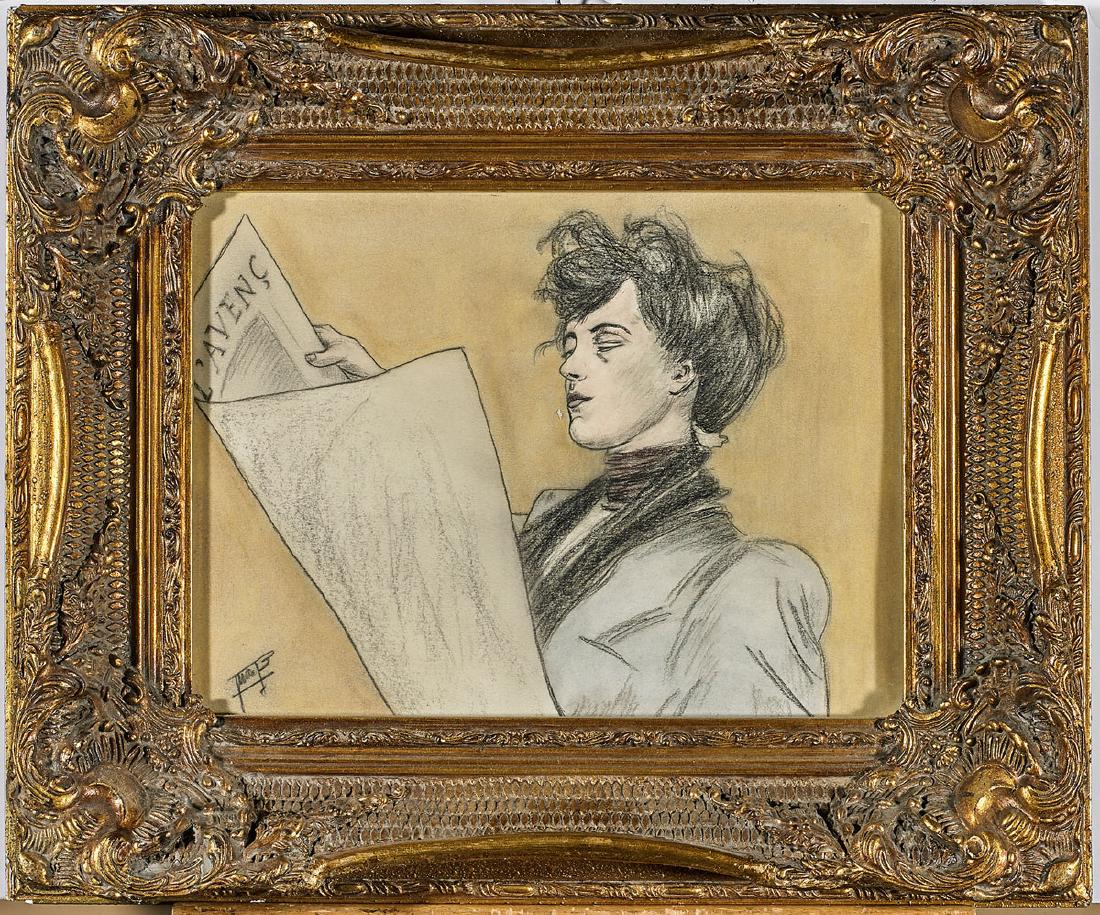 Graphite & Pastel Portrait After Ramon Casas: Graphite and pastel portrait; depicting a woman reading a newspaper; after Ramon Casas' postcard design for L'Avenc; signed to lower left; Provenance: Collection of Alie Chang - Phil Paul; 15 