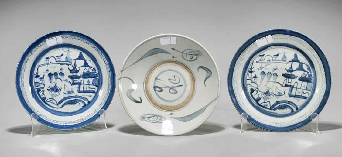 Three Antique Chinese Blue & White Porcelain Plates (1 of 1)