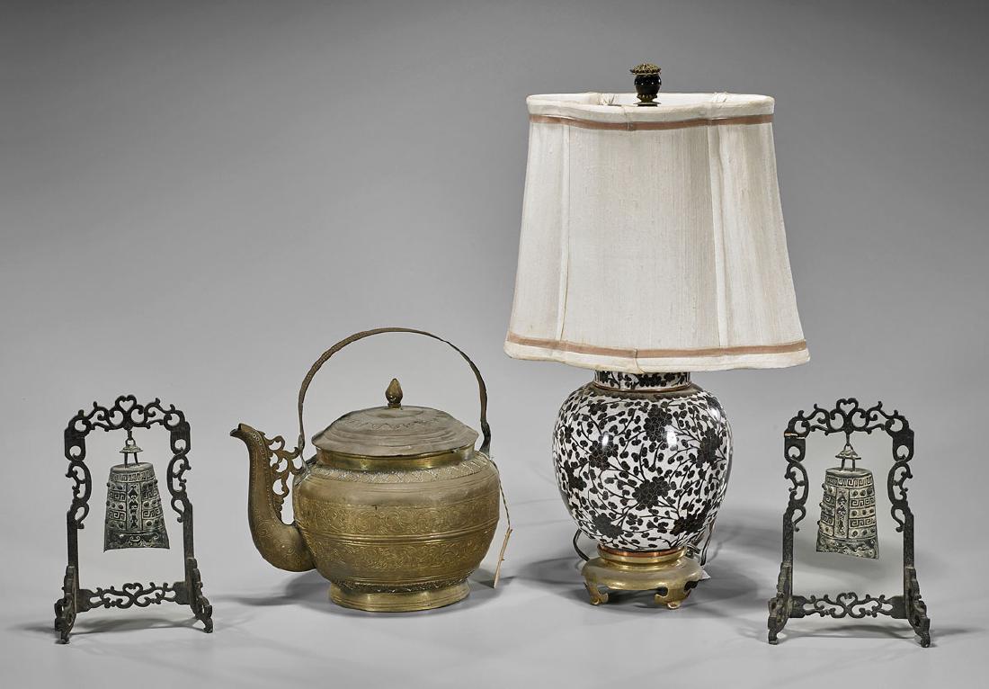 Four Old Metalwork Pieces: Lamp, Teapot & Bells (1 of 1)