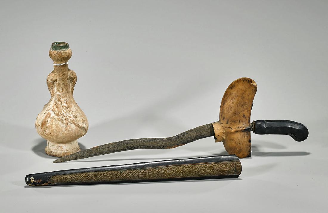 Tang Dynasty Pottery Vase & Indonesian Kris Dagger: Antique Chinese Tang Dynasty pottery vase; some glaze remaining, with moulded handles and reptile designs in relief; together with Indonesian kris dagger; L: 19" (larger, approx.)