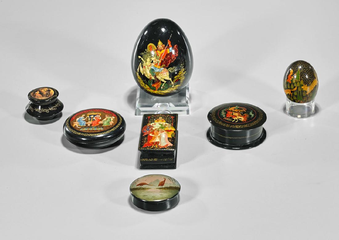 Group of Seven Old Russian Lacquer Boxes & Eggs (1 of 1)