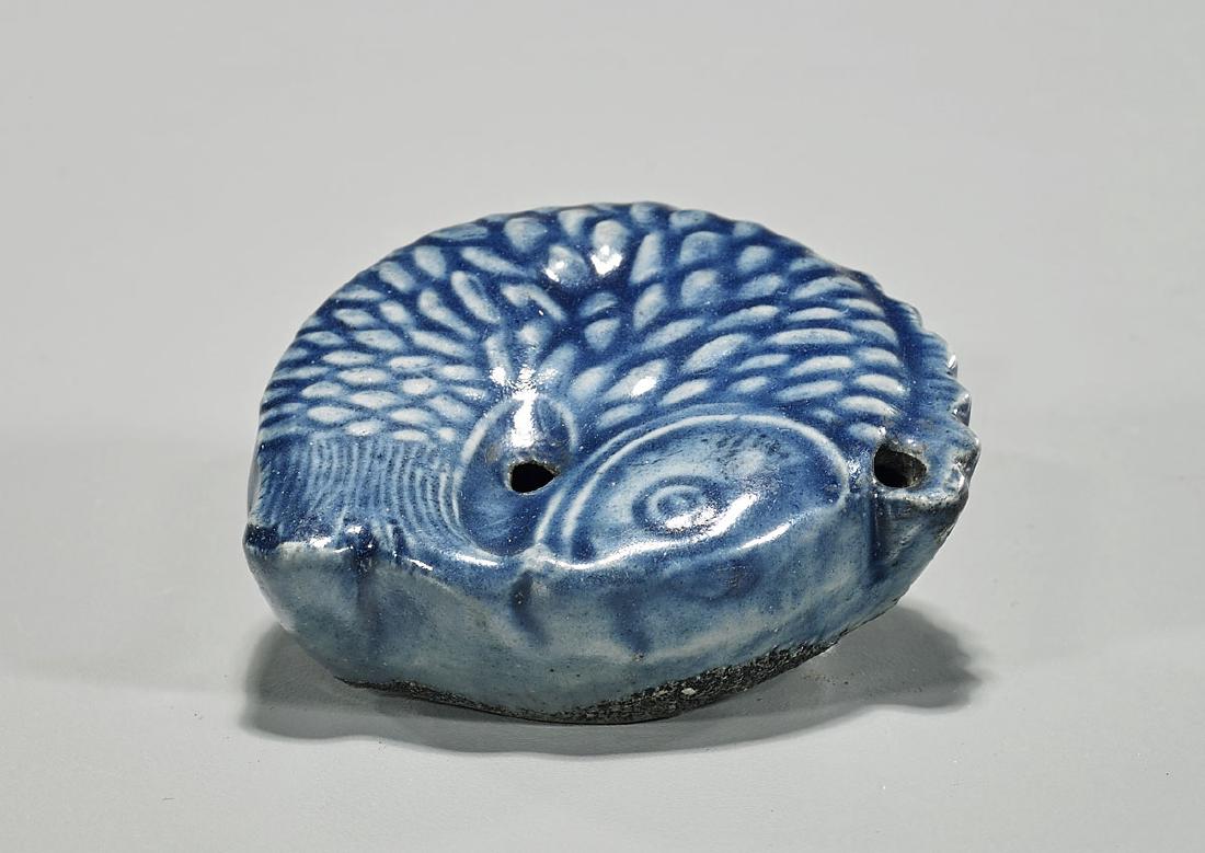 Antique Korean Porcelain Fish Waterdropper: Antique Korean blue porcelain waterdropper; of a curled fish-form; L: 3" (approx.)