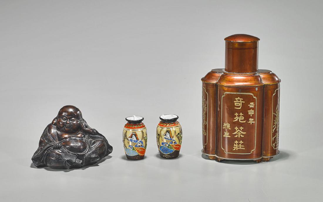 Group of Four Chinese & Japanese Items: Group of four items, including: Chinese tea caddy with panels of foliage and birds, characters to sides and seal mark to base; Chinese carved stone Budai with hidden erotic scene to base; together wit