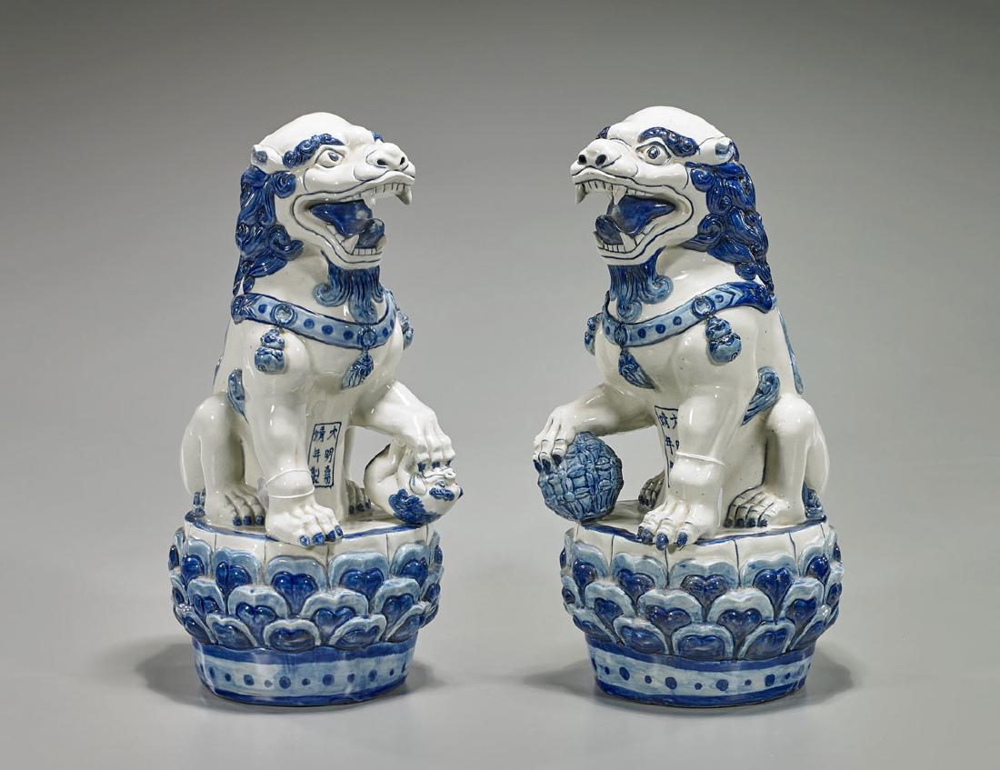 Pair Old Chinese Blue & White Porcelain Fo Lions (1 of 1)