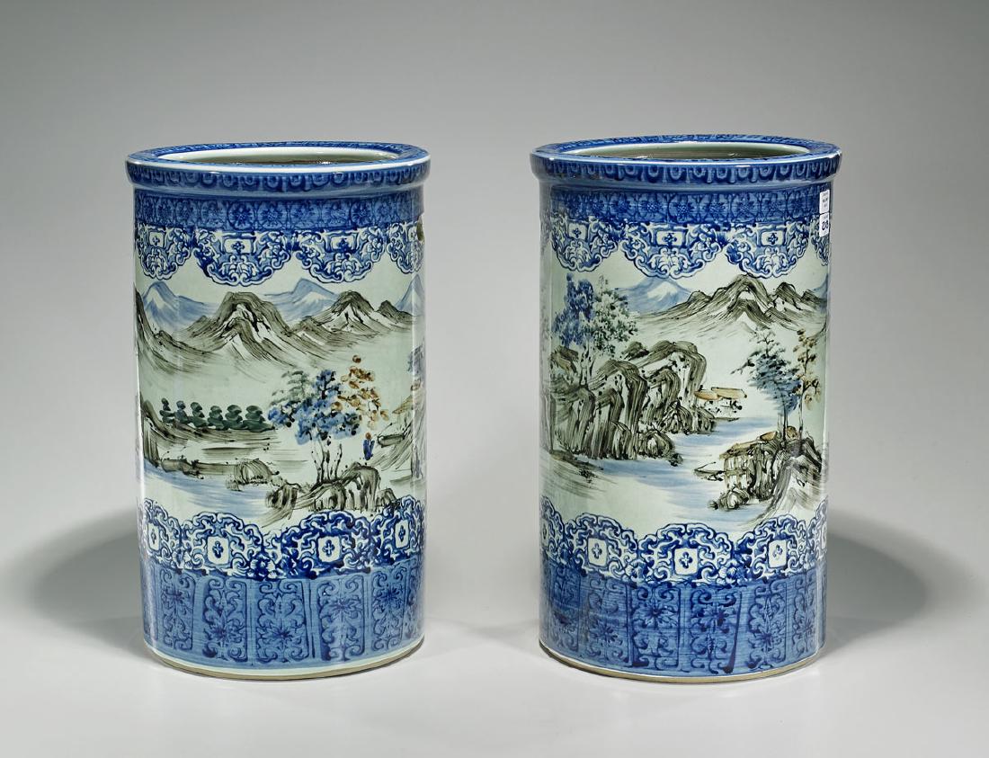 Pair Japanese Blue & White Porcelain Cylindrical Vases (1 of 1)