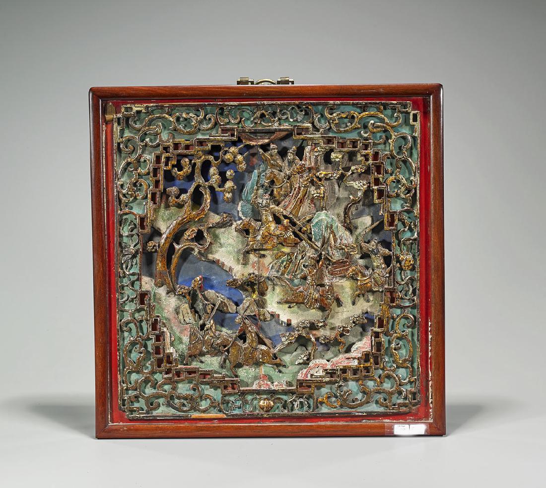 Antique Gilt & Polychrome Wood Panel: Antique Chinese gilt and polychrome wood panel; depicting figures on horseback in high relief, bordered by a geometric and swirling pattern; L: 16 1/2" (approx.); framed