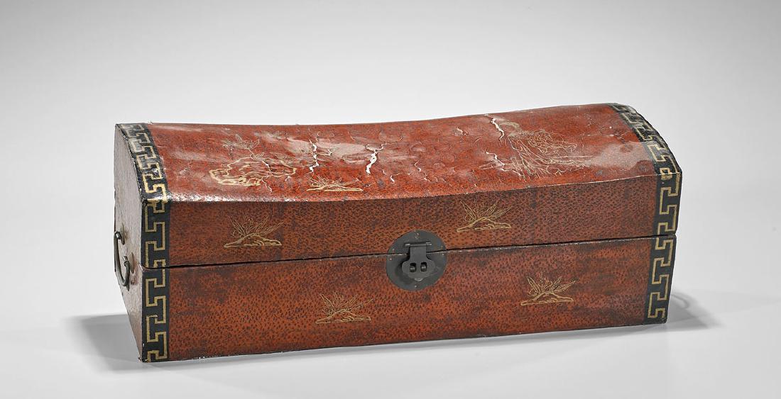 Old Chinese Gilt Lacquered Chest: Old Chinese lacquered wood and papier mache chest; showing gilt designs of figures, flora and fauna on a red and black ground; with metal fittings and fabric-lined interior; L: 20 1/2" (approx