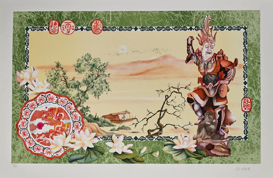 Group of Chinese-Style Figural Landscape Prints: Group of 13 Chinese-style prints; multiples detailing an elaborate, seated Imperial figure surrounded by lotus flowers; arranged in front of a framed mountainous figural landscape; all signed Wong; ed