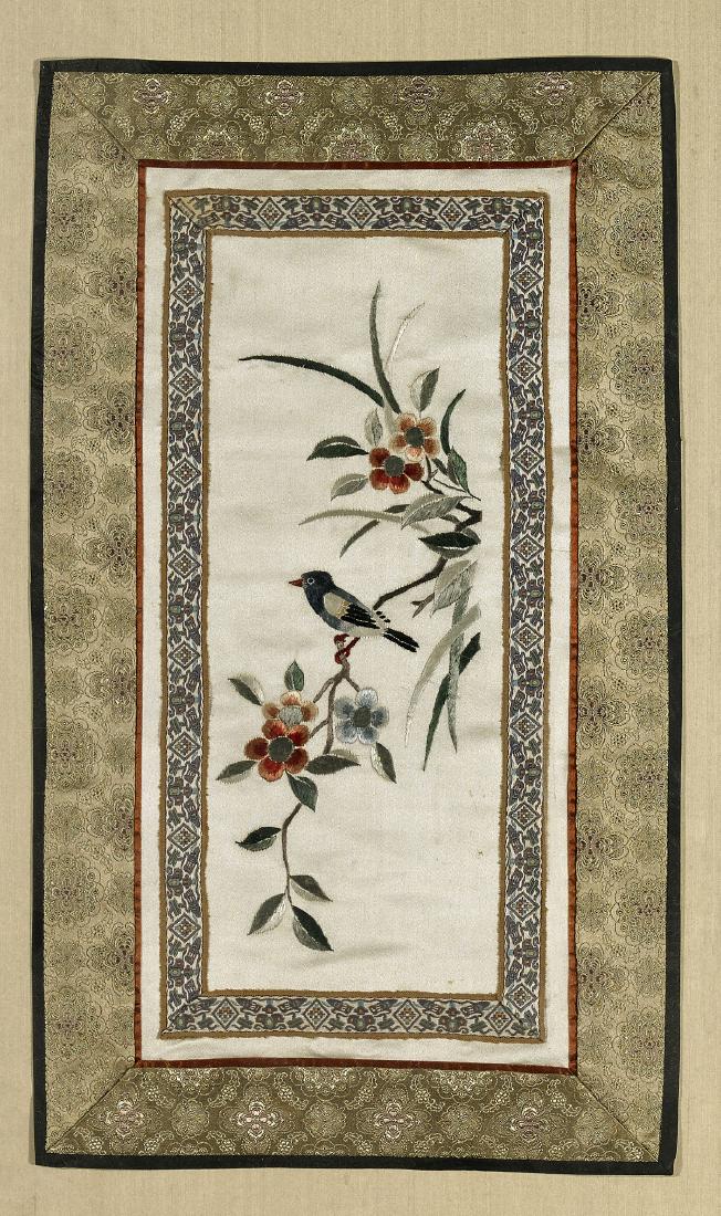 Two Antique Chinese Silk Embroideries: Two antique Chinese silk floral embroideries with patterned borders: one with butterfly; the other with bird; Provenance: Collection of Bill Welter, Scottsdale, AZ; 16 1/2" x 9 1/2" (each,
