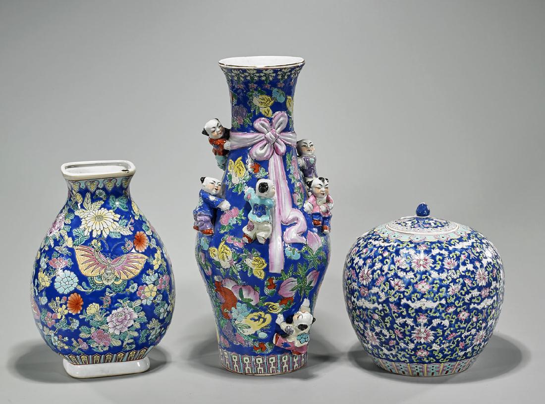 Three Enameled Blue Ground Porcelains (1 of 1)