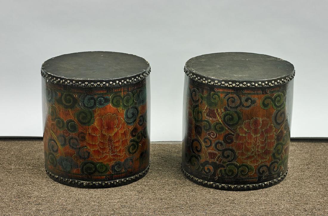 Pair Sino-Tibetan Painted Wood Drums (1 of 1)