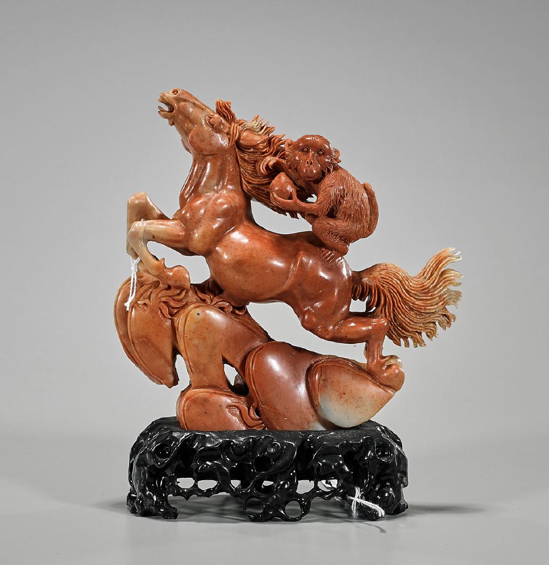Chinese Carved Soapstone Group: Monkey Riding a Horse (1 of 1)