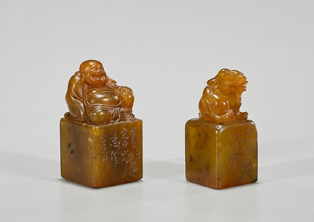 Two Carved Shoushan Stone Seals: Fo Lion & Budai (1 of 2)