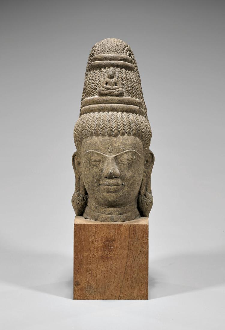 CARVED STONE HEAD OF A BODHISATTVA (1 of 3)